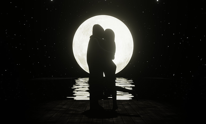 一个满月和一颗满天的星星作为背景。月亮的倒影映在河里。浪漫和求婚。三维渲染