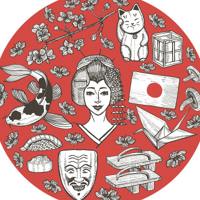 圆形构图与日本符号手绘风格
