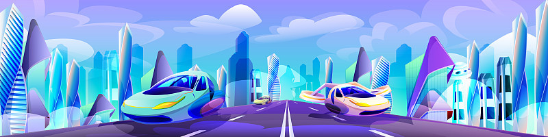 未来主义城市，有会飞的汽车，公路和不寻常的建筑