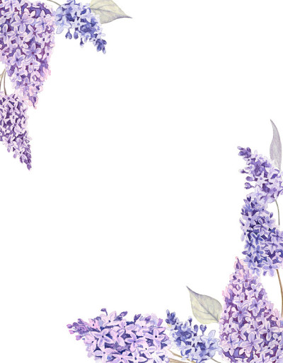 丁香花架由两个角组成;框架可以调整为任何大小和水平或垂直格式。水彩插图在白色孤立的背景。
