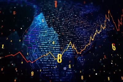 世界地图背景向上的金融图。三维渲染