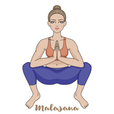 女性的剪影。蹲的瑜伽姿势。Malasana