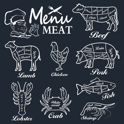 肉类菜单。一套肉店的标签
