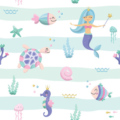 美人鱼无缝图案背景。可爱的卡通海洋生物人物。向量