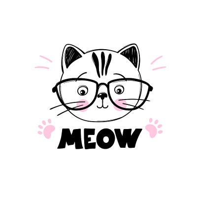 矢量可爱的猫插图。猫叫刻字报价。手绘时尚的小猫艺术。戴眼镜的涂鸦猫。卡通动物孤立在白色。