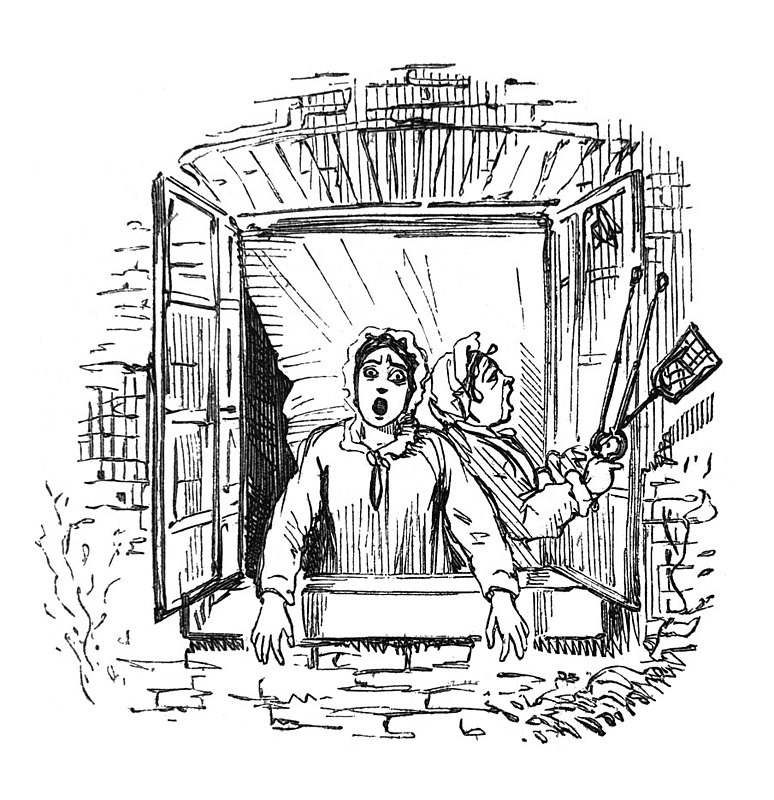 英国讽刺漫画漫画漫画插图-女人探出窗外，嘴张着