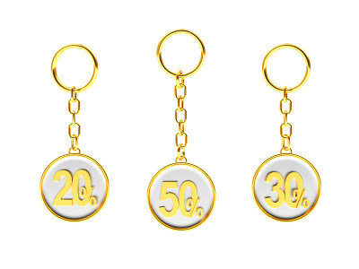 金色的钥匙链有20,30,50的百分比在白色上