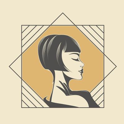 美容院，发型，化妆工作室插图。化妆品、时尚的标志。美丽的女人的脸。复古的风格。