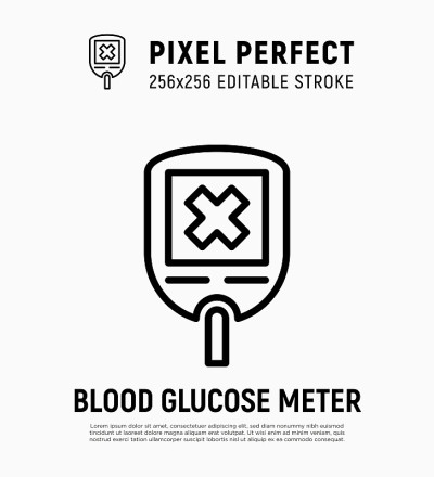 血糖仪在屏幕上显示阴性结果。Glucometer交叉。高糖。糖尿病医疗器械。像素完美，可编辑的笔触。