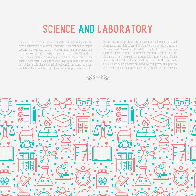 科学和实验室概念与细线图标的科学家，dna，显微镜，鳞片，磁铁，呼吸器，酒精灯。矢量插图的旗帜，网页