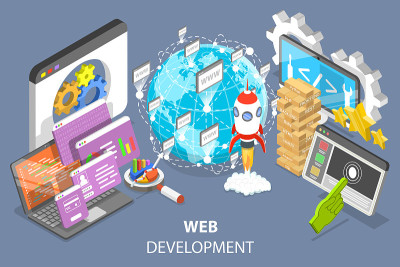 Web开发的三维等距平面矢量概念插图。