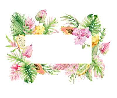 水彩画框架热带水果，花和棕榈叶。