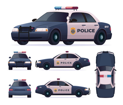 警察巡逻车集合。查看前面，后面，侧面，顶部。
