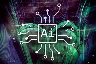 AI，人工智能，自动化和现代信息技术概念上的虚拟屏幕。