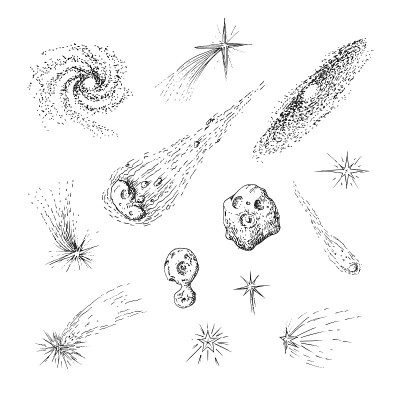 空间物体，矢量插图。流星、彗星和星系，绘画收藏。天体。