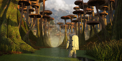 宇航员探索外星景观，任务外行星与奇怪的植物和飞行生物(3d科学渲染)