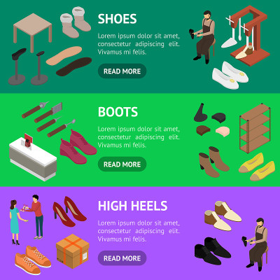 Shoe Work Shop Concept Banner Horizontal Set 3d Is