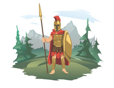 手持盾牌和长矛的古代武士，以山景为背景。战神，阿瑞斯或马尔斯。矢量插图，孤立在白色。