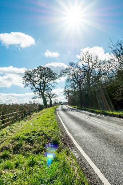 Sunny Day View of Empty UK Country Road的翻译是:Sunny 
