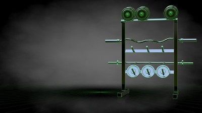 一个反射健身工具的3d渲染，绿色的轮廓线作为蓝图在黑暗的背景