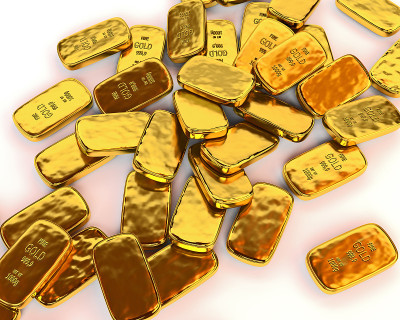 金条散落在白色的表面上。三维演示