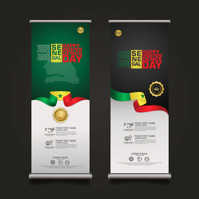 设置卷起的横幅塞内加尔共和国快乐日的背景模板，用优雅的彩带形状的旗帜，金色的圆形彩带和剪影塞内加尔城