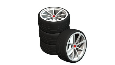 四个轮胎与合金车轮隔离在白色
