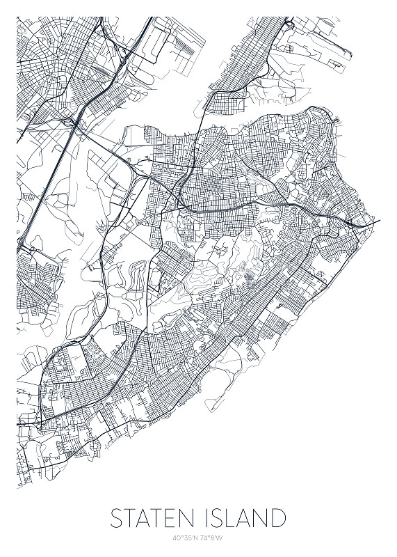 详细的市镇地图斯塔顿岛纽约城市，矢量海报或明信片城市道路和公园计划