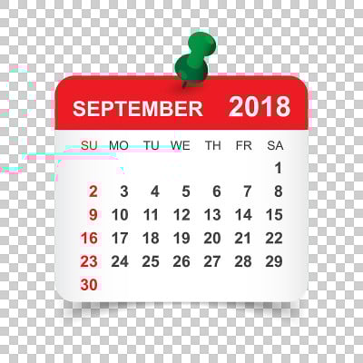 2018年9月日历。日历贴纸设计模板。一周从周日开始。业务矢量插图。