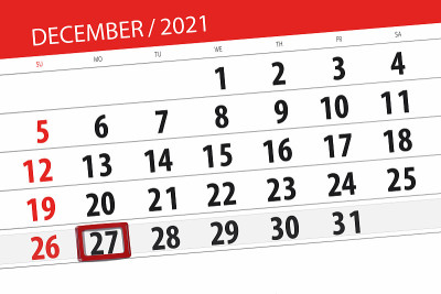 日历计划，2021年12月，截止日期，27日，周一