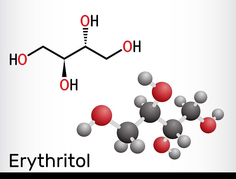 赤藓糖醇分子。它是糖醇或多元醇，食品添加剂，糖代用品，E968，在藻类，真菌，地衣中发现。结构化学式