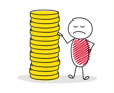 有趣的商人显示金钱堆栈。向量。