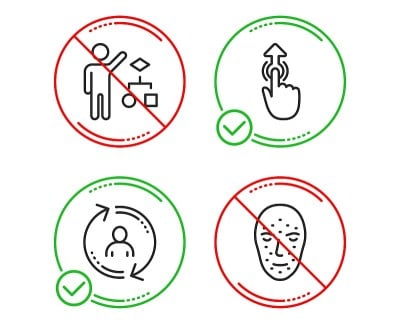 Algorithm, Swipe up and User info icons set. Face 