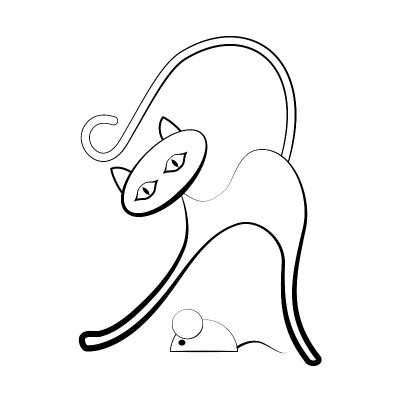 猫和老鼠的侧面。在孤立的白色背景上的黑白轮廓图像。矢量图