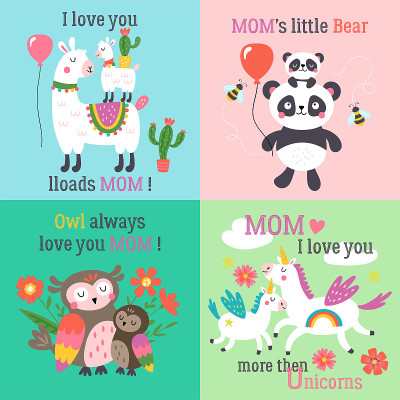 Mother's day cute animals set with llama, unicorn,