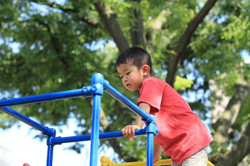 日本幼儿园儿童在攀登架上玩耍(4岁)