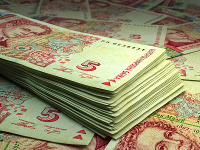 保加利亚钞票。Bulgarianlev账单。5 BGN levove。商业、金融背景。