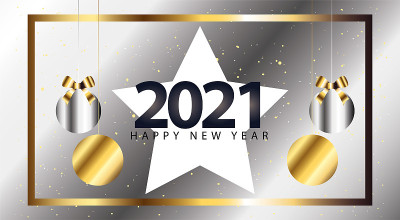 2021年新年快乐，星星和球悬挂银色风格矢量设计