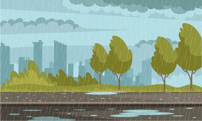 多雨天气城市背景。室外街道在下雨，人行道在水坑，天空与云，建筑物。秋天坏天气矢量插图。暴雨中的现代路