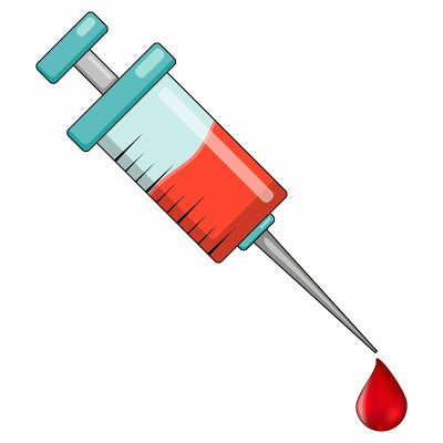 注射器和血滴卡通图标。用于covid-19疫苗设计或献血标志。医学媒介插图孤立在白色背景上。
