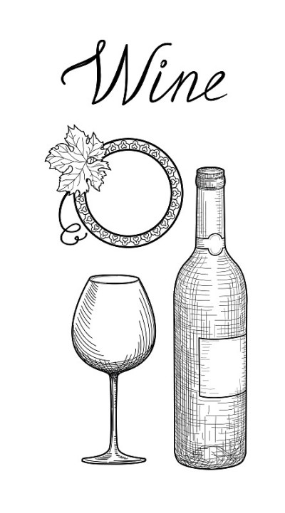 酒具。酒杯，酒瓶，刻字。咖啡馆菜单。酒卡