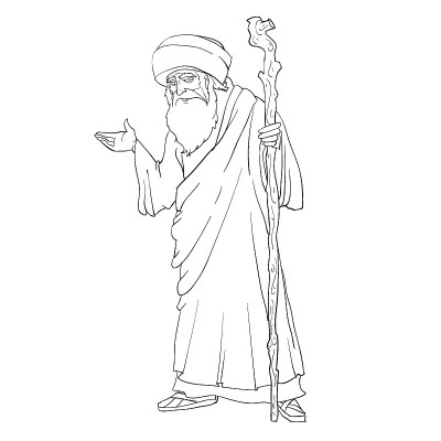 素描，古代犹太圣人用权杖，涂色书，白色背景上的孤立物体，矢量插图，