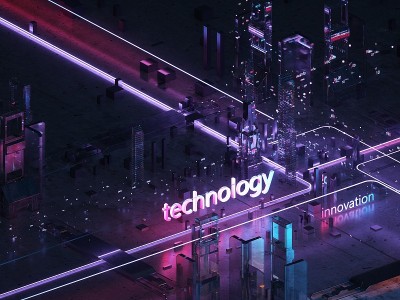 渲染全息未来3d城市霓虹灯光泽