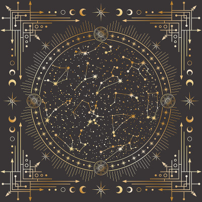 矢量黄金轮廓天体背景与华丽的轮廓几何框架，神奇的圆圈与星星，十二星座，月亮月相，箭头和径向的圆圈。神