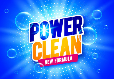 矢量插图Power Clean Wash包装标签与肥皂泡