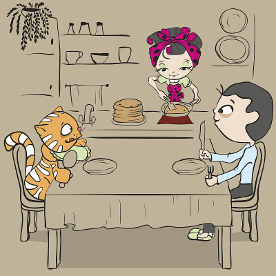 女人烤煎饼。猫和人在等晚餐