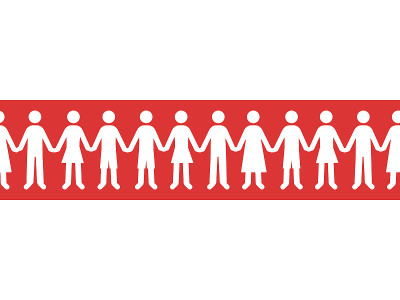 Chain group of people hold hands on red-white flag