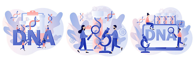 DNA遗传科学。小科学家们在实验室里调查和测试DNA。大基因螺旋符号。实验室设备。现代扁平卡通风格。