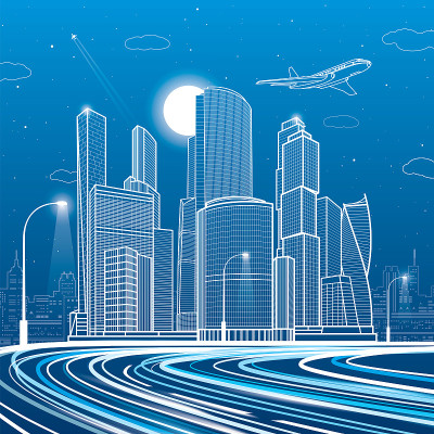 宽发光的高速公路。现代晚上小镇。交通信号灯。汽车天桥。基础设施概述插图，城市场景。蓝底白线。矢量设计