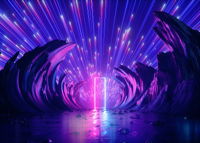 3d渲染，抽象的未来霓虹背景，粉蓝色烟花，宇宙景观，发光的矩形框架，紫外线光，虚拟现实空间，能源，山